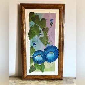 Original Vibrant Morning Glory Signed MG Painting Floral Framed 27 x 15"